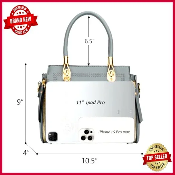 Vegan Leather Satchel Purse with Top Handle and Adjustable Crossbody Strap - Picture 5 of 7